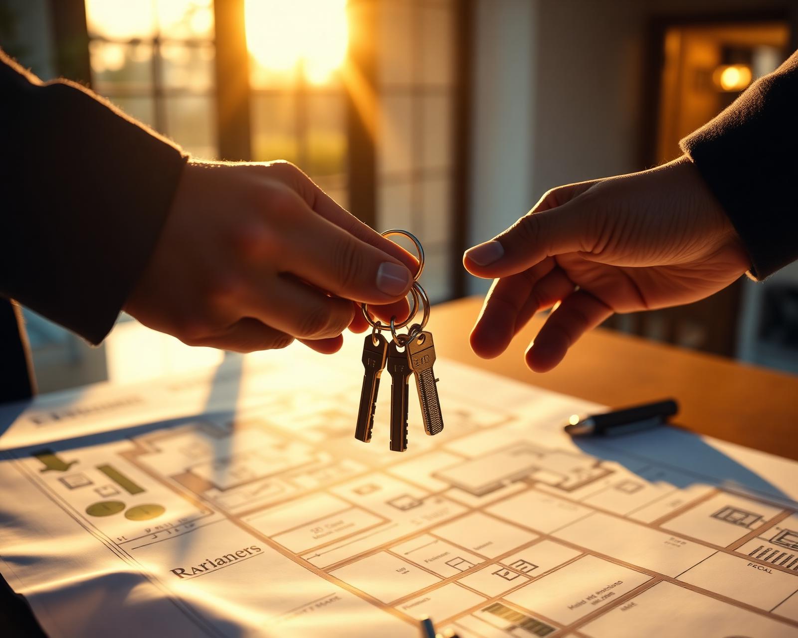 Asesor entregando las llaves de una vivienda sobre un plano arquitectónico